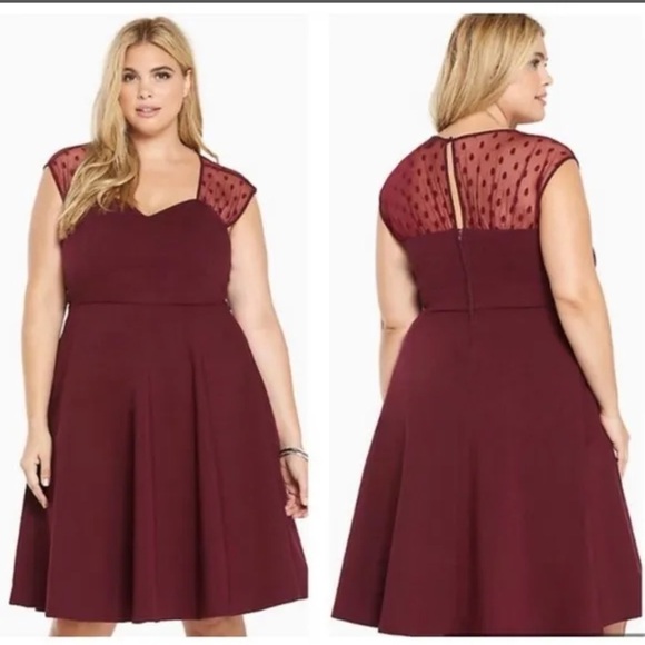 Torrid Dress Burgundy Wine Sweetheart Neckline Polka Dot Lace - Picture 1 of 5